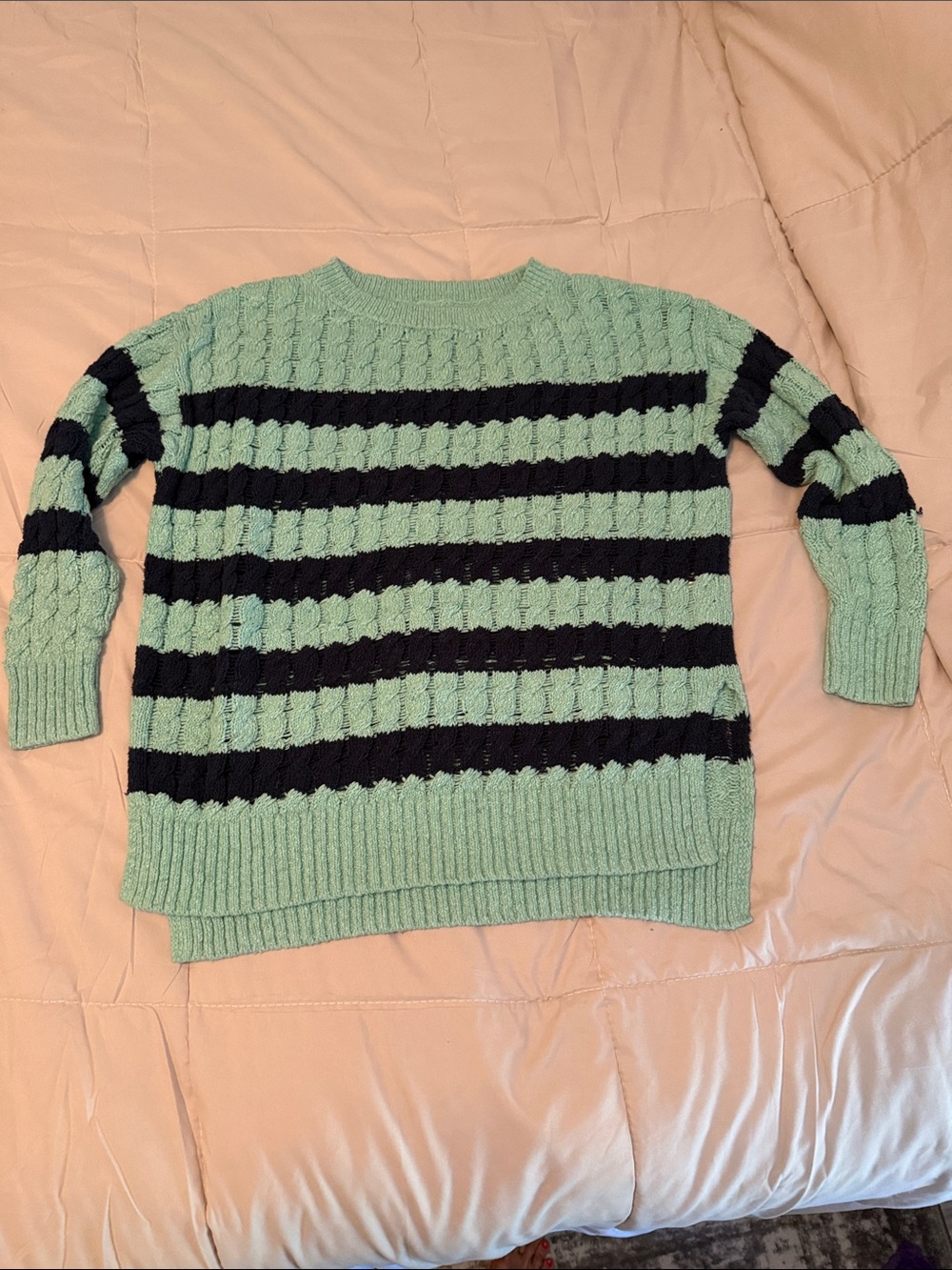 Pilcro Mint and Navy Striped Cable-Knit Sweater S oversized tunic